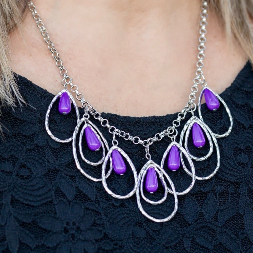 Purple silver Dangling Bib Necklace 18 inch - Picture 3 of 3